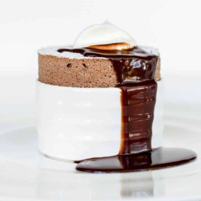 Chocolate Souffle w/ Bitter Chocolate Sauce & Whipped Cream