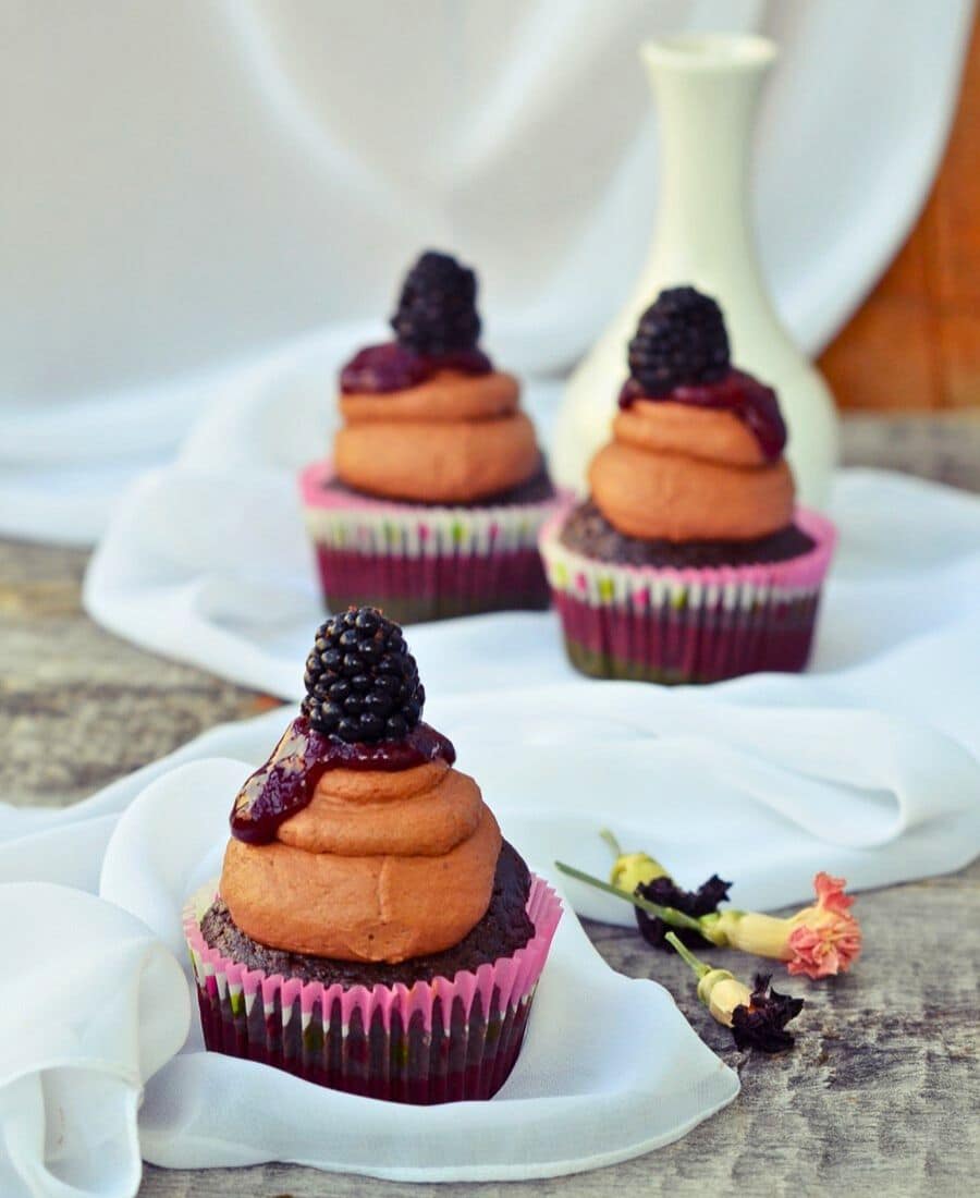 Chocolate Cupcakes with Blackberry Sauce