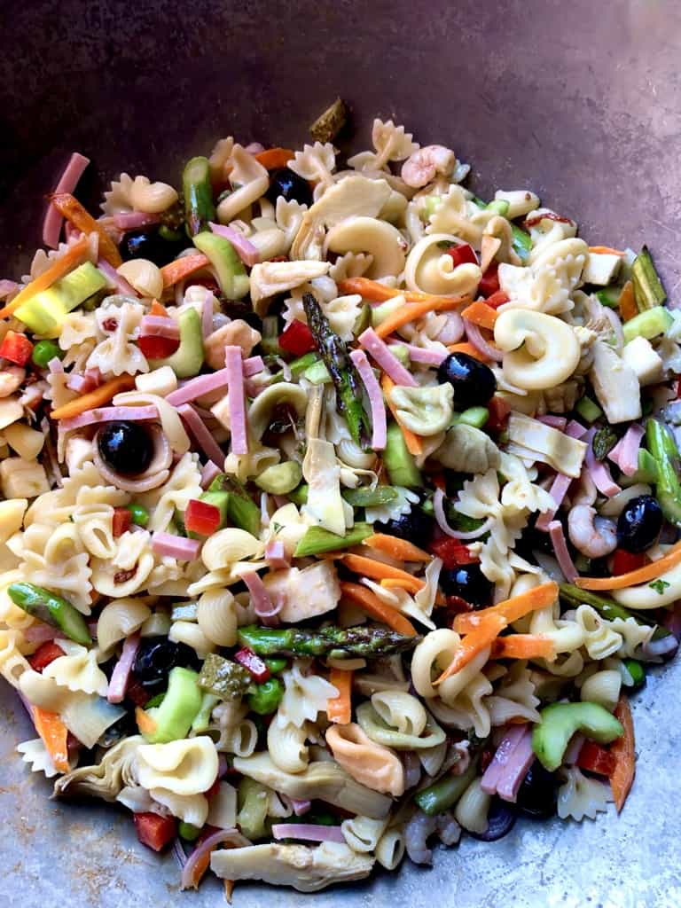 Mediterranean Pigtail Pasta Salad with Shrimp and Vegetables