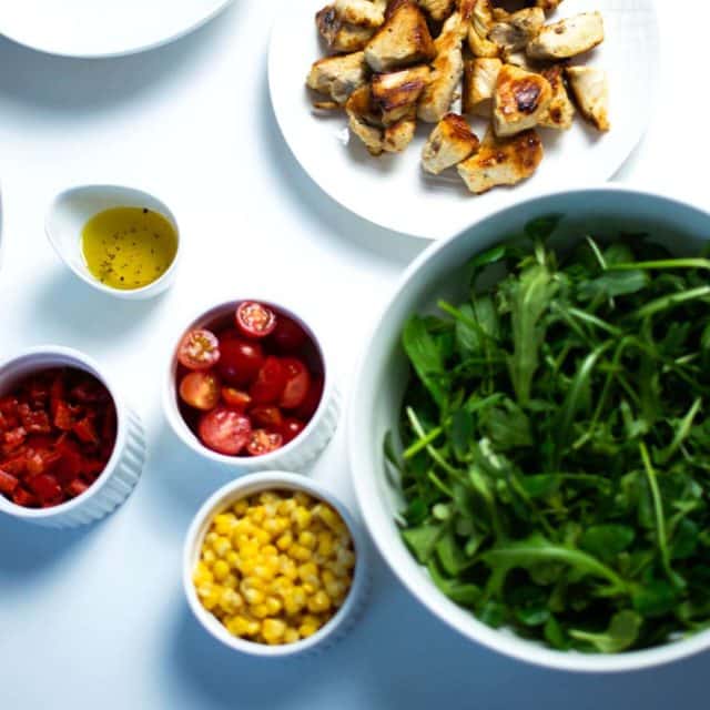 Marinated chicken and baked peppers salad