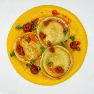 Ricotta and Smoked Quails Egg Ravioli with Butternut Squash Velouté