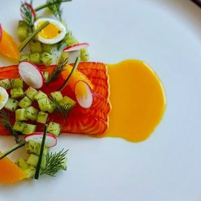 Salmon Gravlax with Cucumber, Quail Egg and Oranges