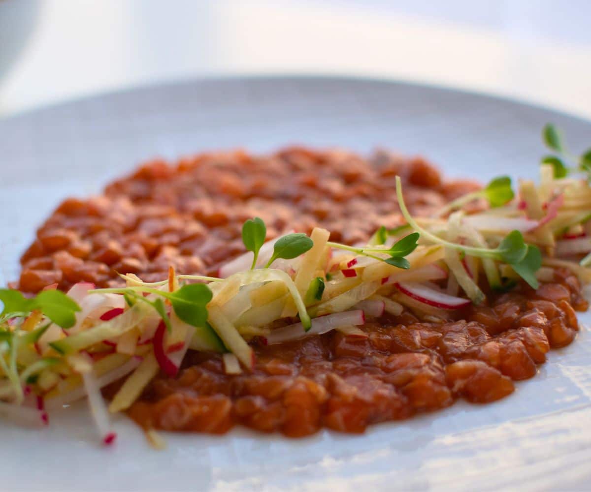 Salmon Tartar with Apple, Cucumber and Radish Salad