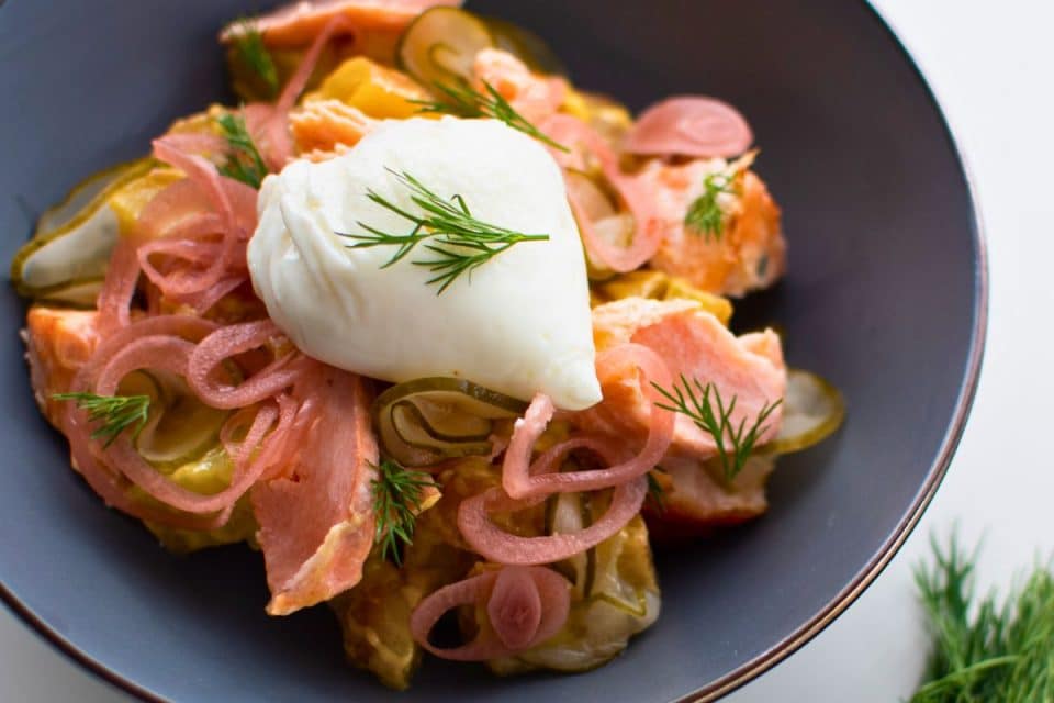 Oven-baked Salmon with Potato Salad, Poached Egg & Quick Pickles