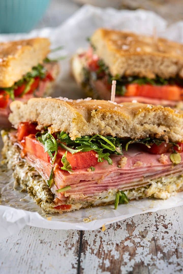 Mortadella, Burrata & Pesto Focaccia Sandwich