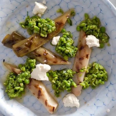 Slow Cooked Leeks Salad with Crushed Peas, Feta & Mint