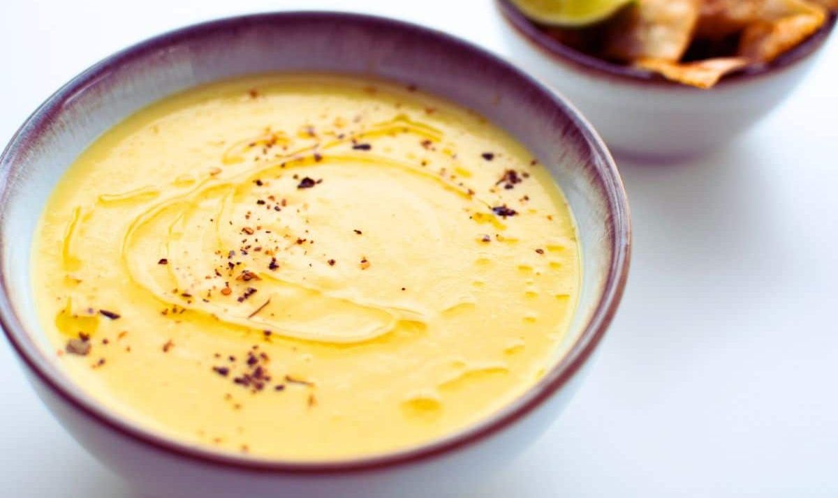 Creamy Corn Soup with Lime, Chili and Baked Tortilla