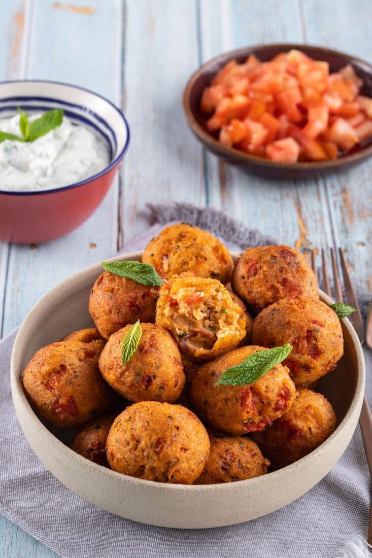 Tomatokeftedes (Fried Tomato Balls) with Yogurt Sauce