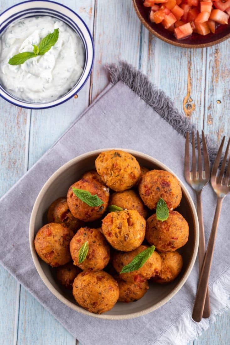 Tomatokeftedes (Fried Tomato Balls) with Yogurt Sauce