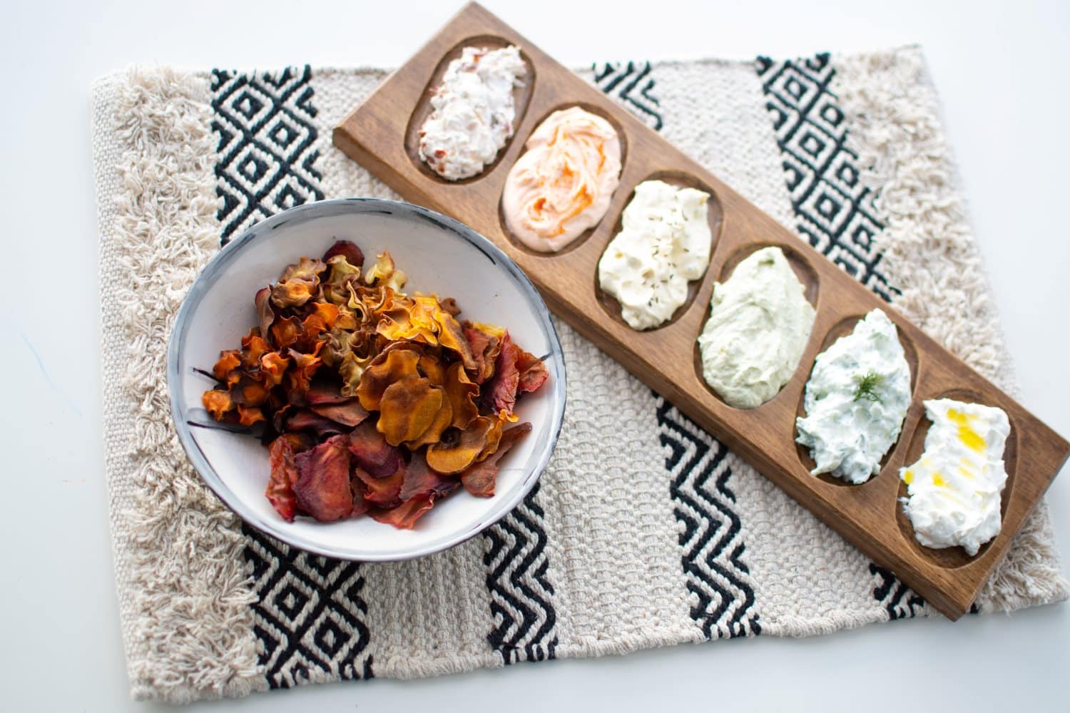 Homemade Baked Veggie Chips with 6 Yogurt Dips