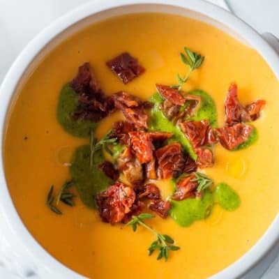 Veggie Cream Soup with Pesto and Dried Tomatoes