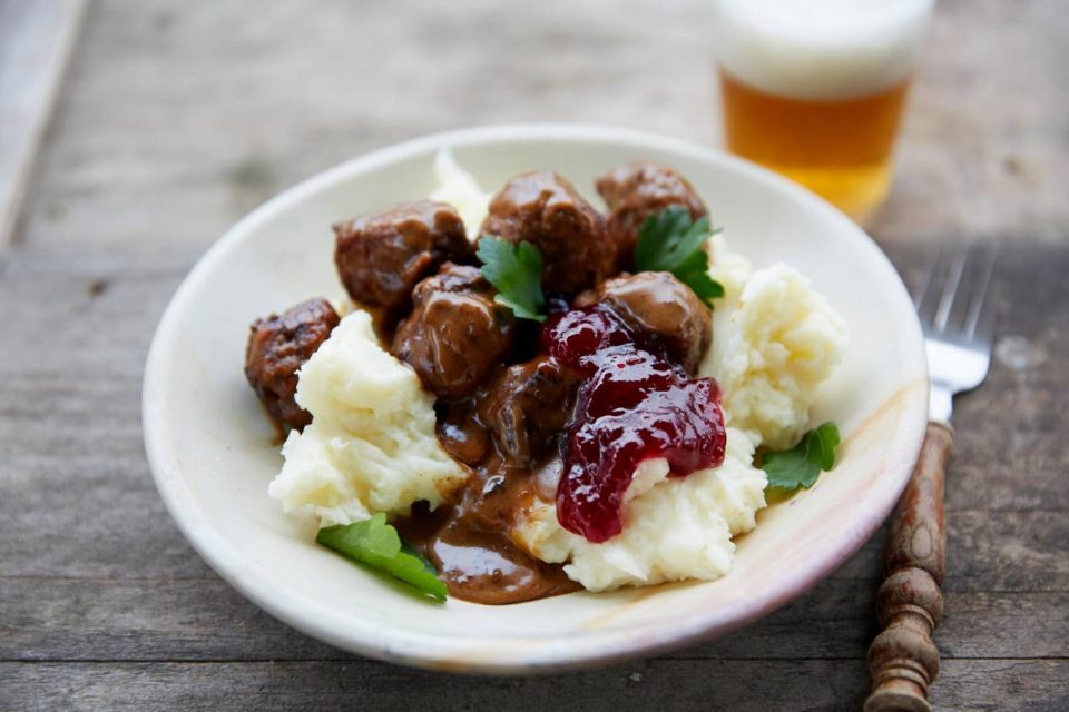 Traditional Swedish Meatballs with Mashed Potatoes and Lingonberries