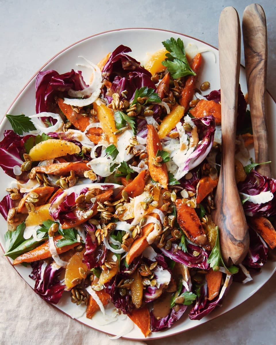 Sweet Potato Radicchio Salad with Roasted Shallot Dressing & Candied Pumpkin Seeds