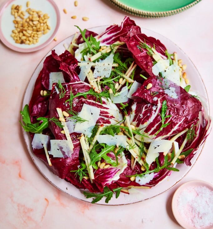 Radicchio Salad with Sliced Apple, Rocket, Pecorino and Pine Nuts